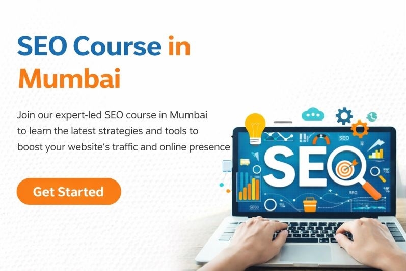 SEO course in Mumbai with laptop displaying SEO tools, analytics icons, and digital marketing strategy visuals